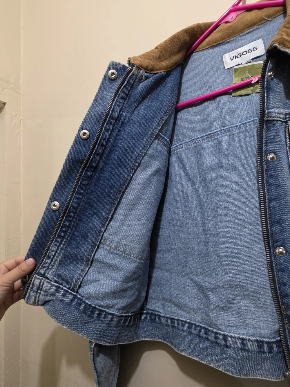 VIGOSS Cropped Denim Jacket Small Corduroy Collar Snap Front Blue - Picture 7 of 13
